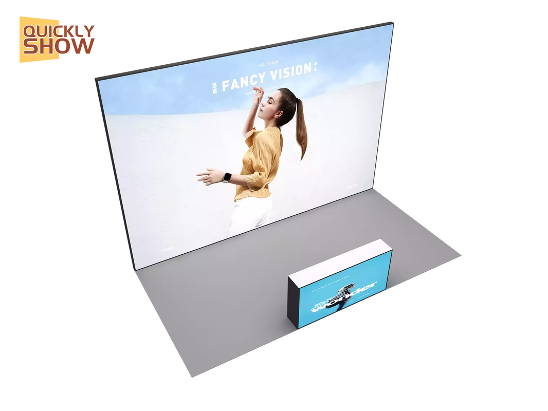 Großhandel 3 * 6 m benutzerdefinierter Druck Messestand Ausstellung Werbung LED-Hintergrundbeleuchtung SEG Spannstoff Wandbeleuchtung Pop-Up-Hintergründe 10 * 20ft